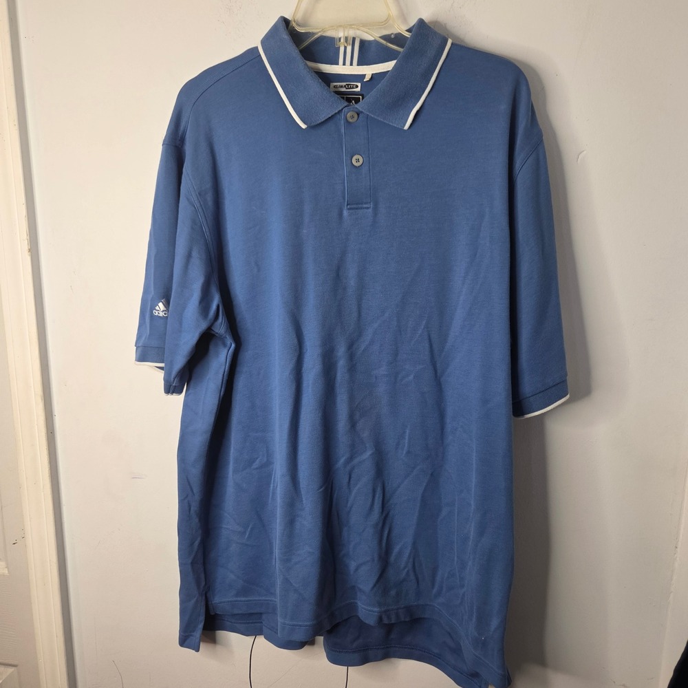 Adidas Climalite Mens Blue Polo Shirt Golf Magazine Logo Size Large Short Sleeve